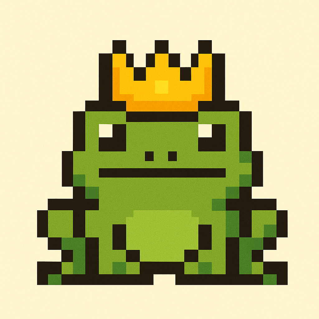 A pixel art frog wearing a crown